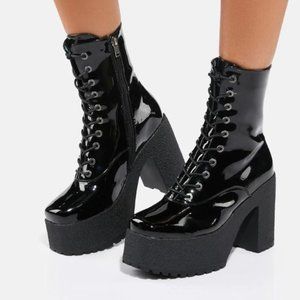 LAMODA Aura Chunky Ankle Boots Lace-up Patent Leather